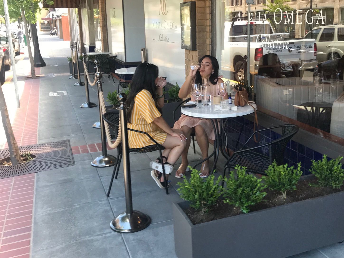 Sitting outdoors in downtown Napa